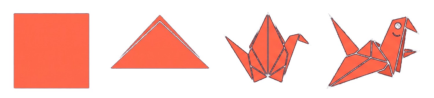 Four stages of folding: a flat square, a triangle, a crane, and Ori