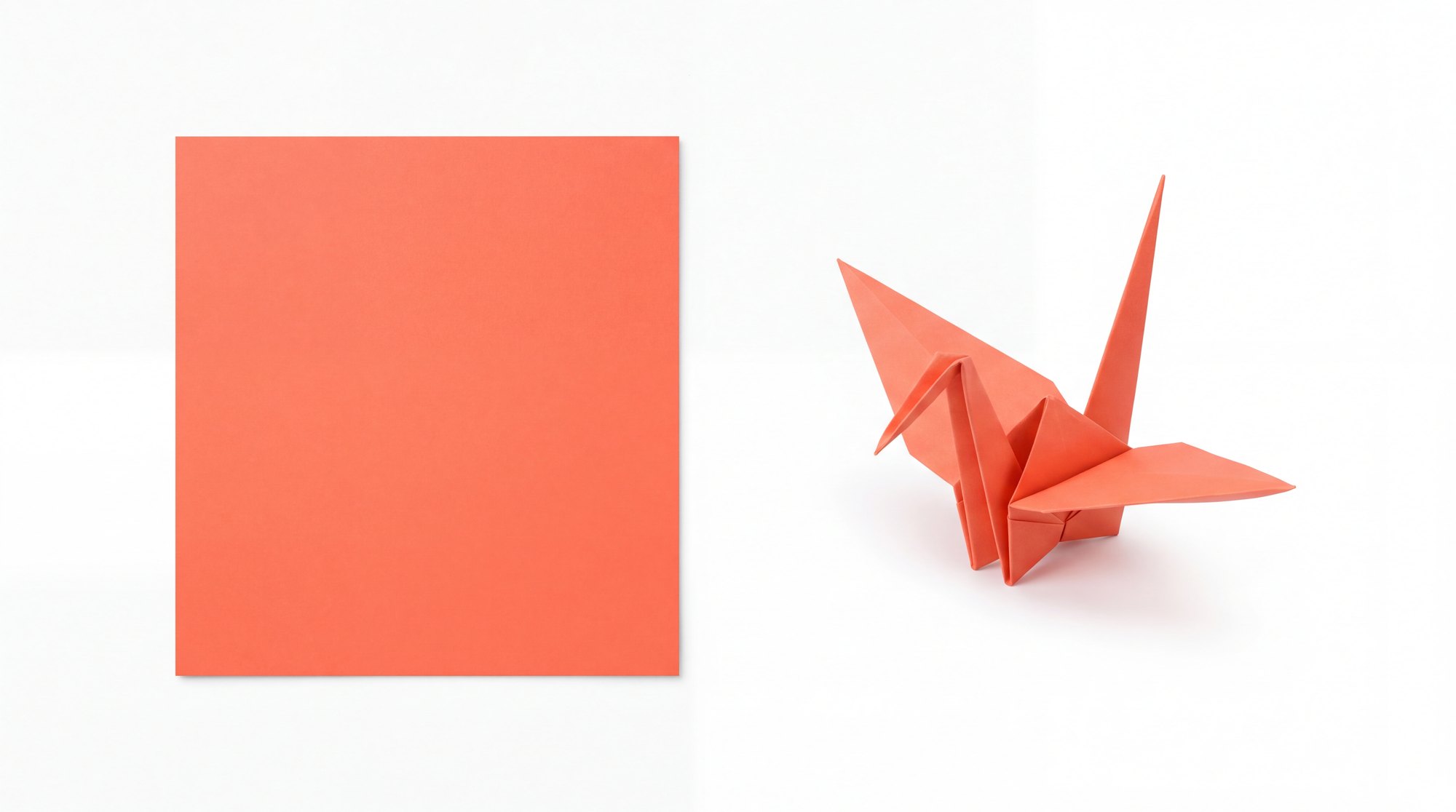 A flat orange square beside the crane folded from it