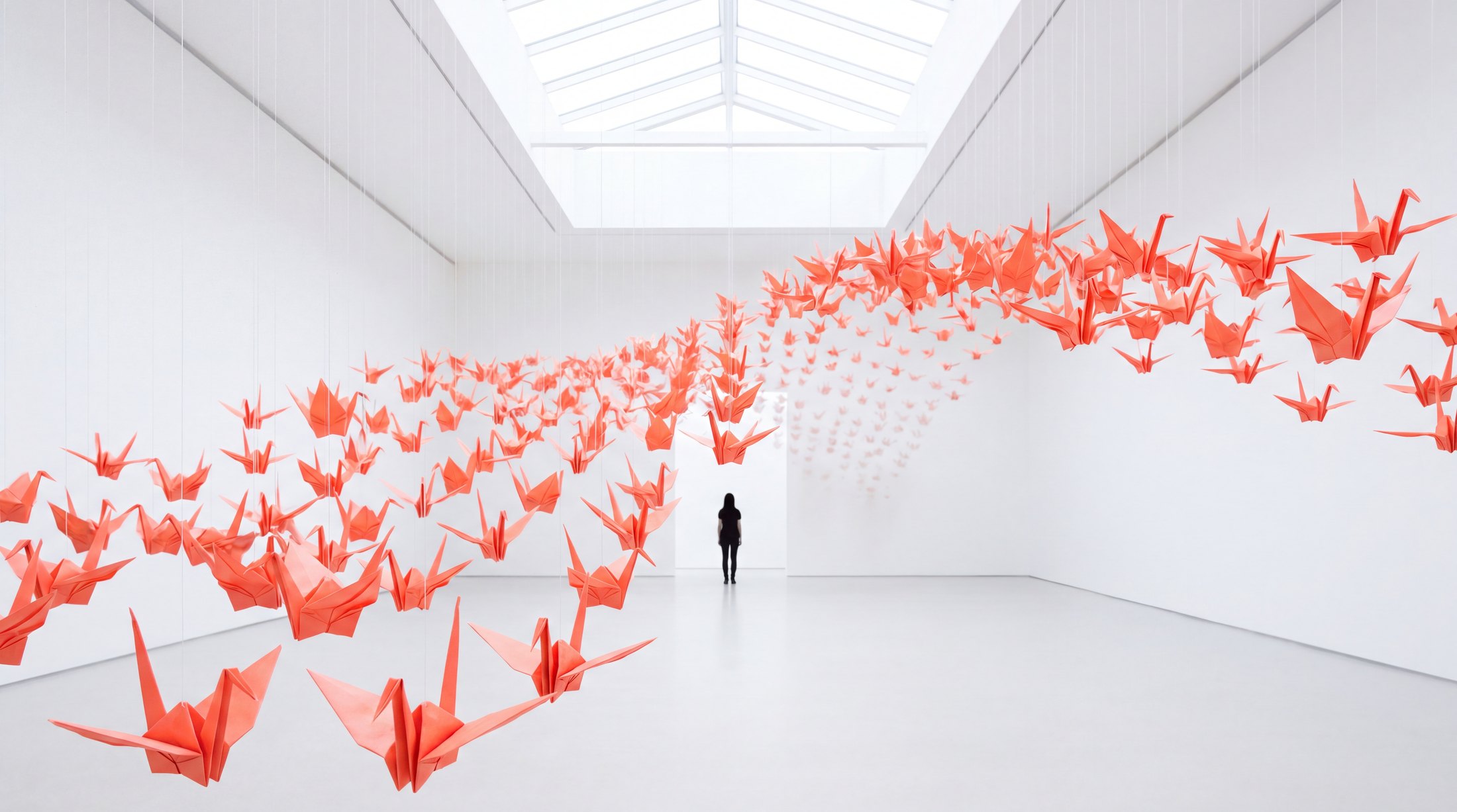 A thousand cranes in a white gallery